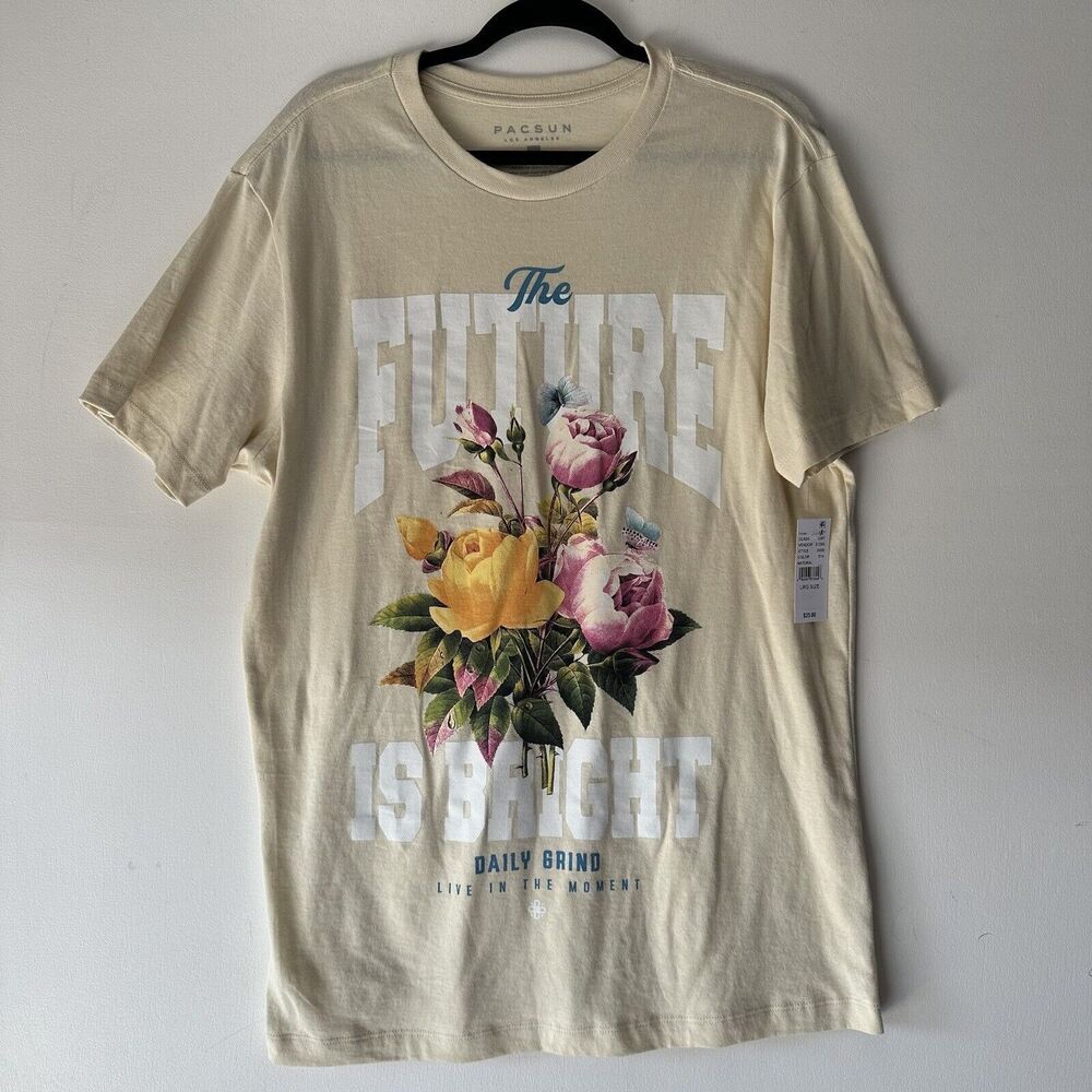 PacSun Shirt Men Large Beige “The Future Is Bright” Graphic Short Sleeve Stretch